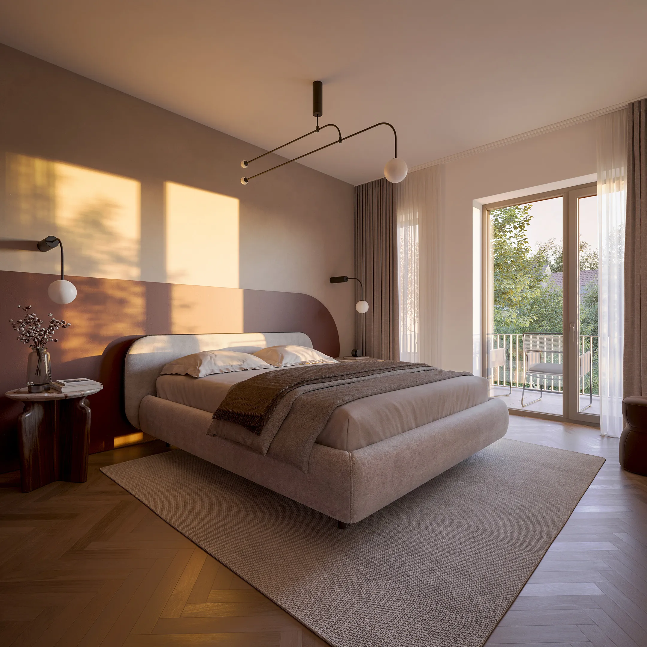 Bedroom with an upholstered headboard